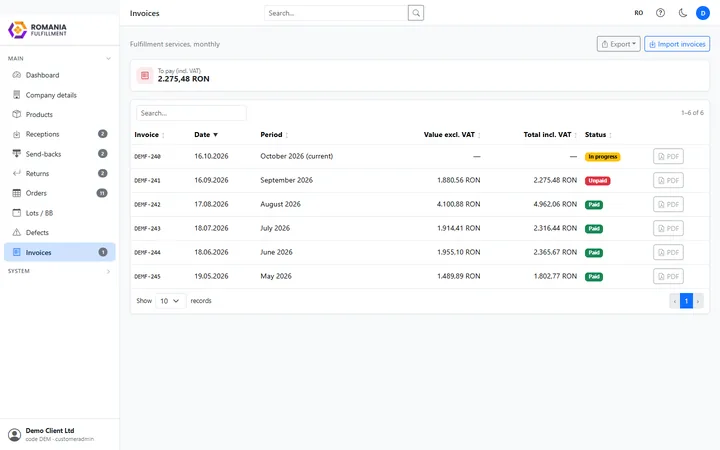 Monthly invoices list with status and PDF